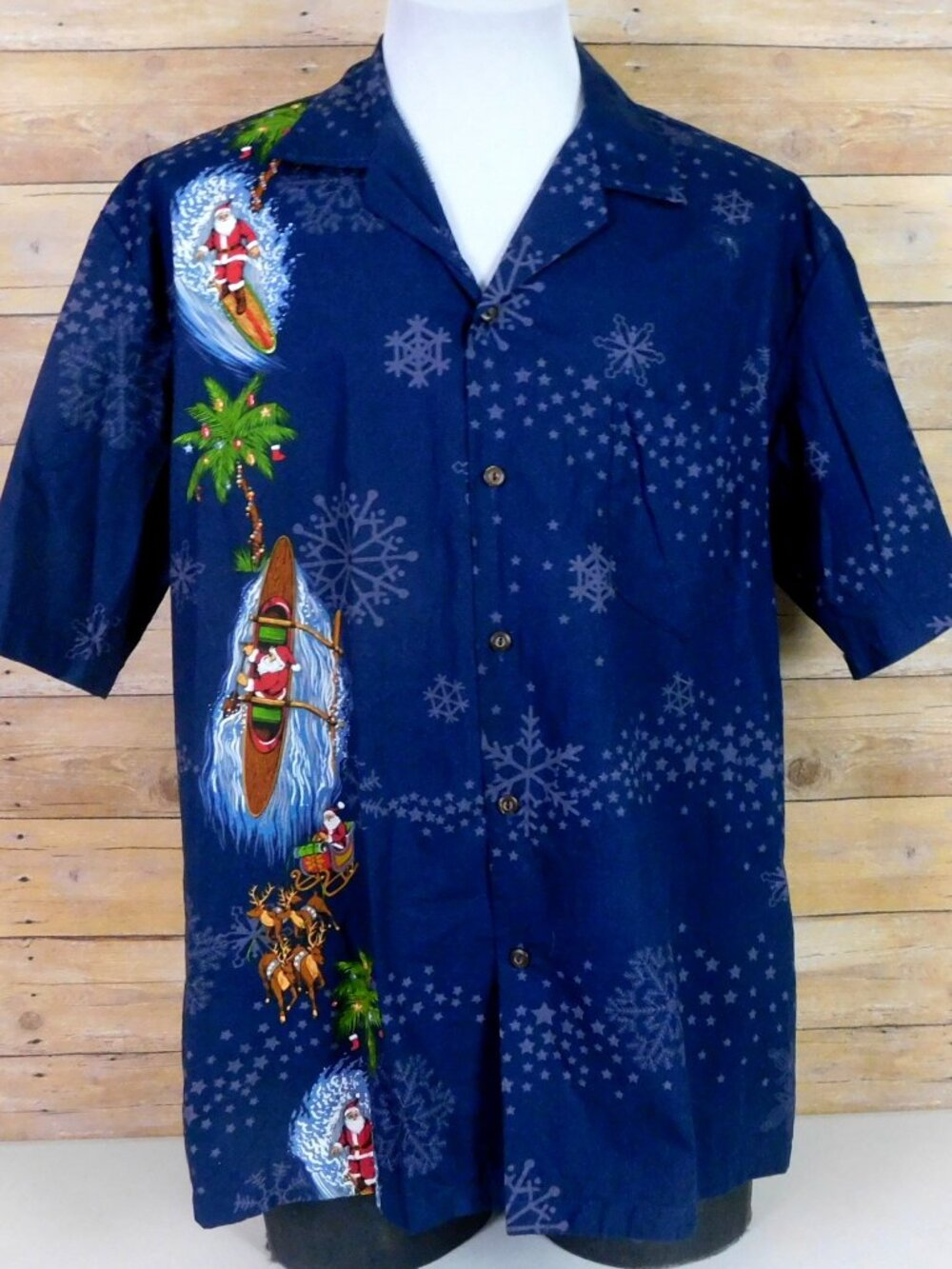 Pacific Legend Hawaiian Shirt Mens XL Christmas Santa Surfing Blue